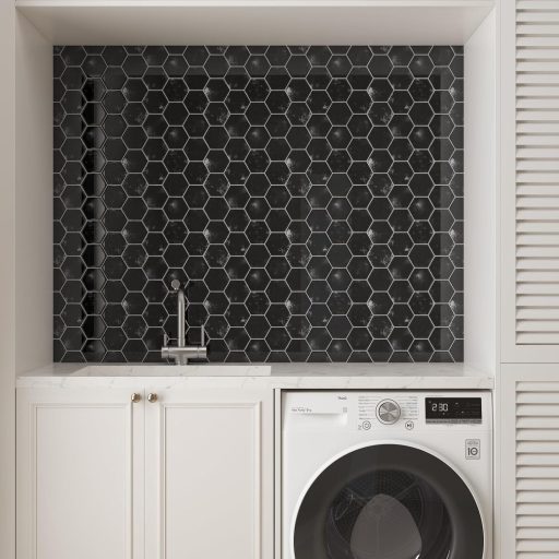 VEELIKE Hatszögletű Márvány Fekete Öntapadós Csempe Matrica - Vízálló Konyhai és Fürdőszobai Falpanel, 30,5 x 30,5 cm, 6 db