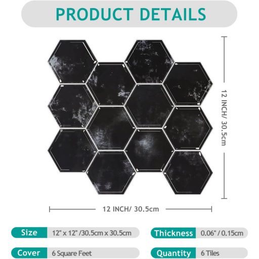 VEELIKE Autocolant Faianta Hexagonală Marmură Neagră - Panou de Perete Autoadeziv, Impermeabil pentru Bucătărie și Baie, 30,5 x 30,5 cm, 6 buc