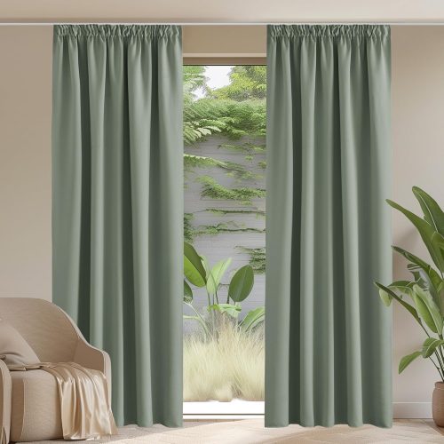 Set perdele opace PONY DANCE - Perdele termoizolante verde salvie cu bandă de încrețire, 2 buc, 260x140 cm, blocare lumină, izolare fonică