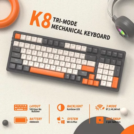 FREEWOLF K8 Bezdrôtová mechanická herná klávesnica RGB, Hot-Swap, Bluetooth/2.4GHz/USB-C, Sivá-Oranžová