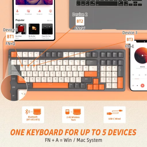 FREEWOLF K8 Bezdrôtová mechanická herná klávesnica RGB, Hot-Swap, Bluetooth/2.4GHz/USB-C, Sivá-Oranžová