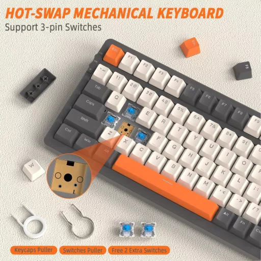 FREEWOLF K8 Bezdrôtová mechanická herná klávesnica RGB, Hot-Swap, Bluetooth/2.4GHz/USB-C, Sivá-Oranžová
