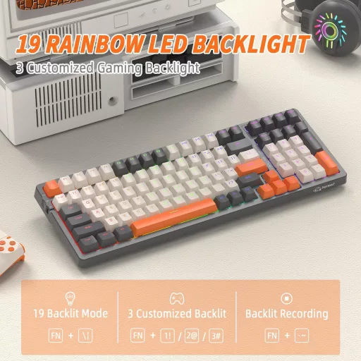FREEWOLF K8 Bezdrôtová mechanická herná klávesnica RGB, Hot-Swap, Bluetooth/2.4GHz/USB-C, Sivá-Oranžová