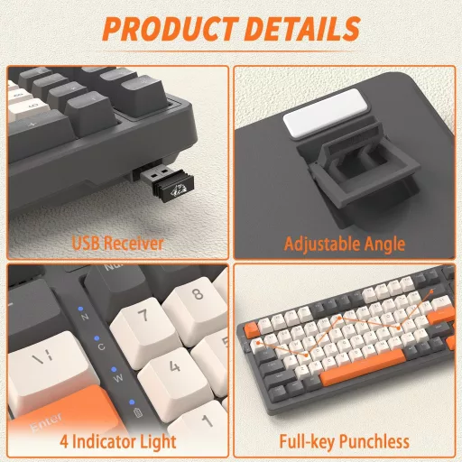 FREEWOLF K8 Wireless Mechanikus Gamer Billentyűzet RGB, Hot-Swap, Bluetooth/2.4GHz/USB-C, Szürke-Narancs