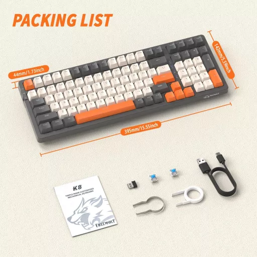 FREEWOLF K8 Wireless Mechanikus Gamer Billentyűzet RGB, Hot-Swap, Bluetooth/2.4GHz/USB-C, Szürke-Narancs