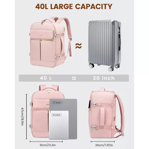 LOVEVOOK 40L Putni Ruksak Ženski Muški Vodootporni Ruksak za Laptop Ručna Prtljaga za Avion Rozi