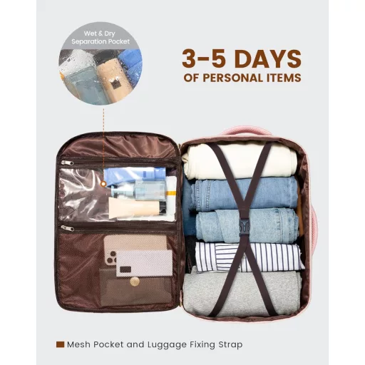 Rucsac de călătorie LOVEVOOK 40L, impermeabil, pentru femei și bărbați, rucsac laptop, bagaj de cabină, roz