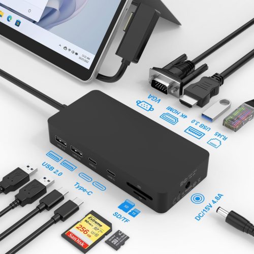Docking Station Microsoft Surface 11-în-1 cu Triplu Display 4K HDMI și VGA