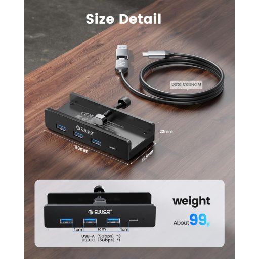 ORICO Aluminium USB 3.0 Hub 4 Port - 3x Type-A + 1x Type-C, 5 Gbps, 100cm Kábel