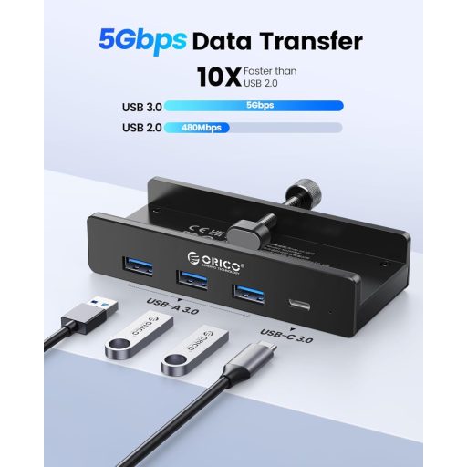 Hub USB 3.0 din aluminiu ORICO cu 4 porturi - 3x Type-A + 1x Type-C, 5 Gbps, cablu 100 cm
