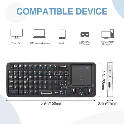 Rii Mini i6 Tastatură Wireless cu Touchpad - Bluetooth, IR, USB - Compatibilă Smart TV, TV Box, Tabletă, Smartphone, PC, Consolă