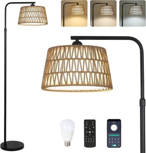 Lampă de podea Rayofly cu telecomandă - Lampă de podea Boho din ratan cu bec LED, control prin aplicație, abajur din ratan și in pentru living și h