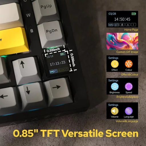 EPOMAKER Ajazz AK820 Pro 75% Vezeték Nélküli Mechanikus Billentyűzet TFT Kijelzővel, Gamer RGB Háttérvilágítással, Bluetooth/2.4GHz/USB-C Cs