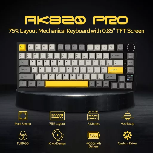 EPOMAKER Ajazz AK820 Pro Mechanikus Billentyűzet TFT Kijelzővel - Vezetékes/Bluetooth/Wireless RGB Háttérvilágítás, Hangtompító Hab, Win/Mac