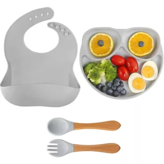   JoyLife silikonski set za hranjenje beba - tanjur s vakuumskom podlogom, žlica, vilica i podbradak - plavi i sivi