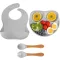 JoyLife silikonski set za hranjenje beba - tanjur s vakuumskom podlogom, žlica, vilica i podbradak - plavi i sivi