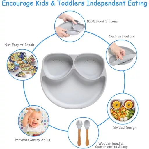 JoyLife silikonski set za hranjenje beba - tanjur s vakuumskom podlogom, žlica, vilica i podbradak - plavi i sivi