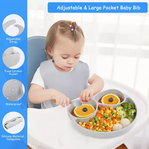 JoyLife silikonski set za hranjenje beba - tanjur s vakuumskom podlogom, žlica, vilica i podbradak - plavi i sivi