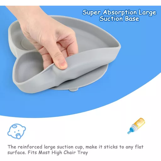 JoyLife silikonski set za hranjenje beba - tanjur s vakuumskom podlogom, žlica, vilica i podbradak - plavi i sivi