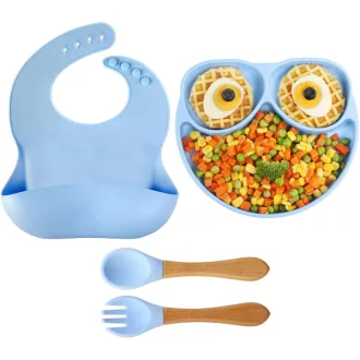   JoyLife plavi silikonski set za hranjenje beba - tanjur s vakuumskom čašicom, žlica, vilica i podbradak