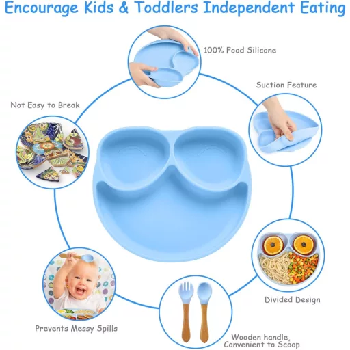 JoyLife plavi silikonski set za hranjenje beba - tanjur s vakuumskom čašicom, žlica, vilica i podbradak