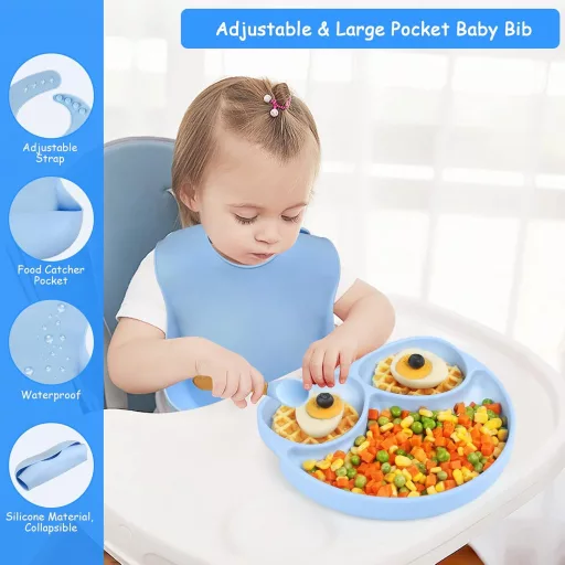 JoyLife plavi silikonski set za hranjenje beba - tanjur s vakuumskom čašicom, žlica, vilica i podbradak