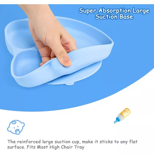 JoyLife plavi silikonski set za hranjenje beba - tanjur s vakuumskom čašicom, žlica, vilica i podbradak