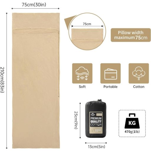 Sac de dormit interior Naturehike 100% Bumbac, Ultralight, Galben, 210x75cm, pentru Drumeții de Vară, Hoteluri, cu Sac de Transport