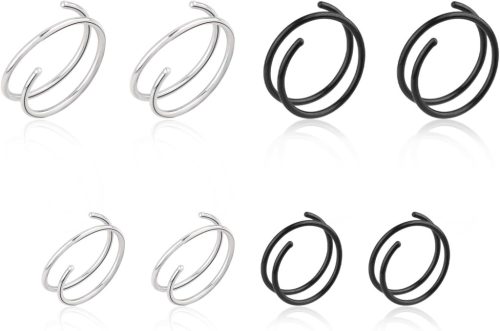 DIVINA VITAE 8 db Orr Piercing Szett - Spirál és Dupla Karika Orrpiercing, Helix Piercing, 316L Sebészeti Acél, 8/10 mm, Fekete és Ezüst