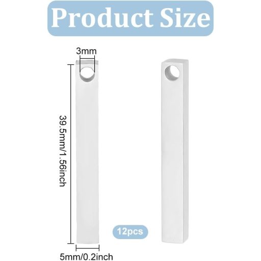 BENECREAT 12 db rozsdamentes acél téglalap gravírozható medál nyaklánc, karkötő és névtábla készítéséhez, 39,5 x 5 x 5 mm