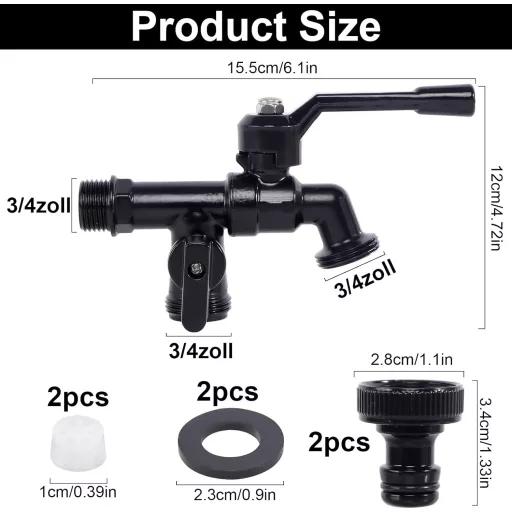 FASBET Fagyálló Kerti Csap 3/4" - Dupla Kifolyós Sárgaréz Kültéri Vízcsap Fekete Bevonattal - Mosógéphez, IBC Tartályhoz, Öntözéshez