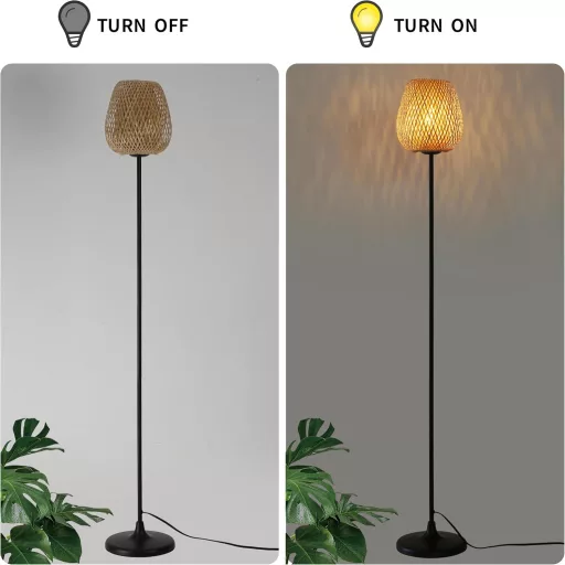 Lampa de podea SUNLLOK Boho din ratan - cu abajur împletit din bambus negru, întrerupător cu picior, 120 cm înălțime, pentru living, bucătărie, dormitor, birou