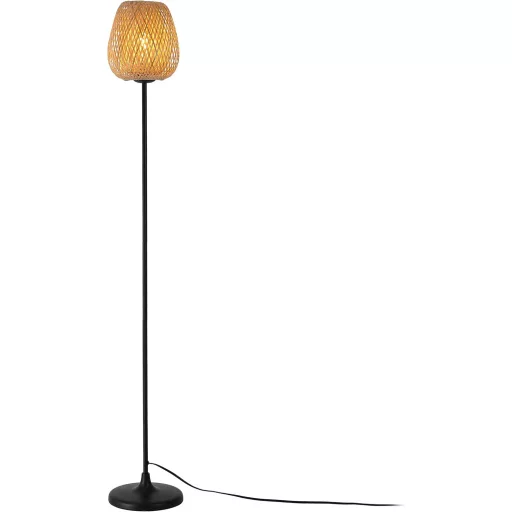 Lampa de podea SUNLLOK Boho din ratan - cu abajur împletit din bambus negru, întrerupător cu picior, 120 cm înălțime, pentru living, bucătărie, dormitor, birou