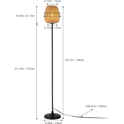 Lampa de podea SUNLLOK Boho din ratan - cu abajur împletit din bambus negru, întrerupător cu picior, 120 cm înălțime, pentru living, bucătărie, dormitor, birou