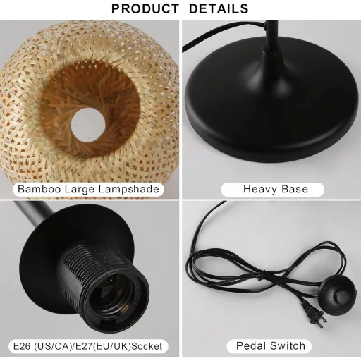 Lampa de podea SUNLLOK Boho din ratan - cu abajur împletit din bambus negru, întrerupător cu picior, 120 cm înălțime, pentru living, bucătărie, dormitor, birou