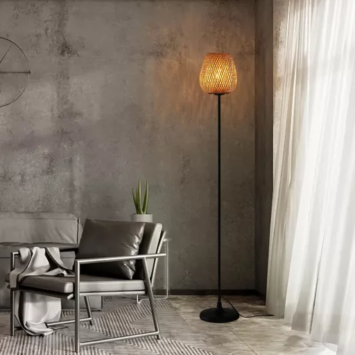 SUNLLOK Boho Rattan Állólámpa - Fekete Bambusz Fonott Lámpaernyővel, Lábkapcsolóval, 120 cm Magas, Nappali, Konyha, Hálószoba, Iroda