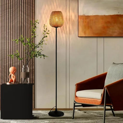 Lampa de podea SUNLLOK Boho din ratan - cu abajur împletit din bambus negru, întrerupător cu picior, 120 cm înălțime, pentru living, bucătărie, dormitor, birou