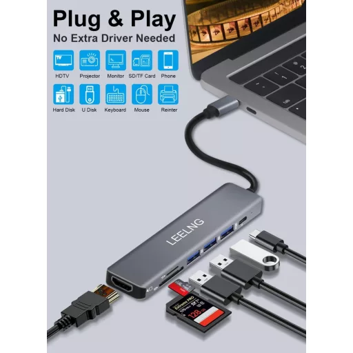 Hub USB-C 7 în 1 FITLONG pentru MacBook, cu HDMI 4K și cititor de carduri SD/TF