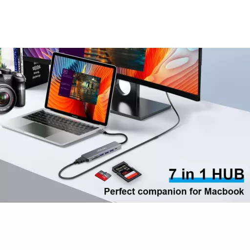 Hub USB-C 7 în 1 FITLONG pentru MacBook, cu HDMI 4K și cititor de carduri SD/TF