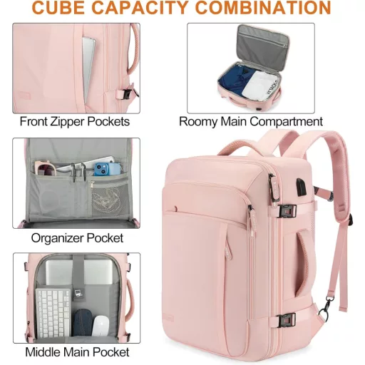 Lumesner Utazó Hátizsák 40L Bővíthető Kézipoggyász Férfi Női Nagy Utazótáska 4 Rendszerező Kockával