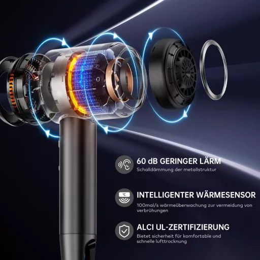 Uscător de păr llano Ion cu difuzor, tehnologie ionică negativă, flux de aer 19 m/s, gri