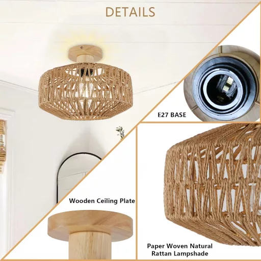 Lampă de plafon KMaiPem din ratan stil boho pentru sufragerie, dormitor, bucătărie, design rustic natural din lemn