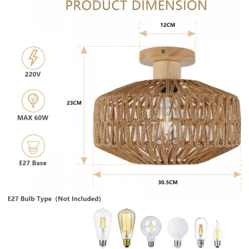 Lampă de plafon KMaiPem din ratan stil boho pentru sufragerie, dormitor, bucătărie, design rustic natural din lemn