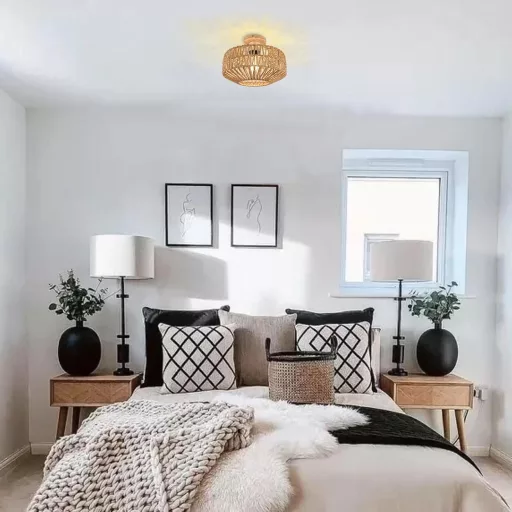 Lampă de plafon KMaiPem din ratan stil boho pentru sufragerie, dormitor, bucătărie, design rustic natural din lemn