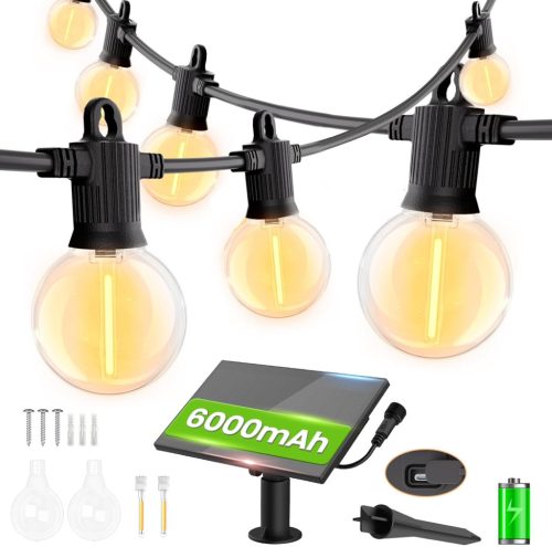 ZOTOYI Napelemes LED Fényfüzér 30m - 50+2 G40 Izzóval, IP65 Vízálló, 4 Világítási Móddal, Kert, Terasz, Esküvő Dekorációhoz, Meleg Fehér