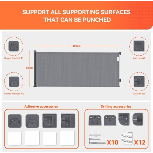 Muaket Biztonsági Kapu 0-300 cm Lépcsőhöz és Ajtóhoz Állítható Baba Kisállatnak Szürke