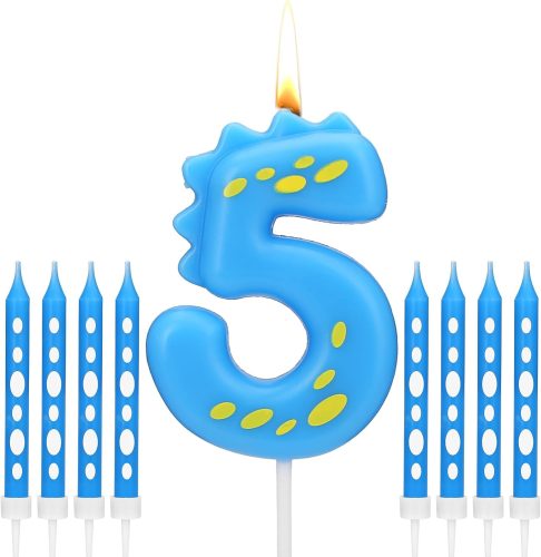 Set lumânări aniversare dinozaur TRUEIN - Lumânare cifra 5 și 8 lumânări subțiri albastre, topper tort 6,8 cm pentru petrecere copii, fără fum
