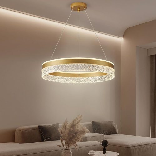 Lustră LED suspendată KSIBNW cu intensitate luminoasă reglabilă - 36W, Candelabru modern aurit cu inele, pentru living, sufragerie - Lampă de plafon acrilică-metalică cu diametrul de 50cm