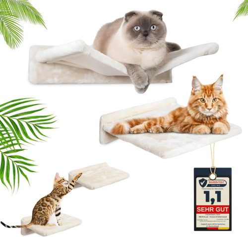 Set mobilier pisici Meoville XXL, 4 piese - Hamac, loc de odihnă și 2 trepte din lemn masiv pentru pisici, sistem de ansamblu de zgâriat pereți, culoare bej