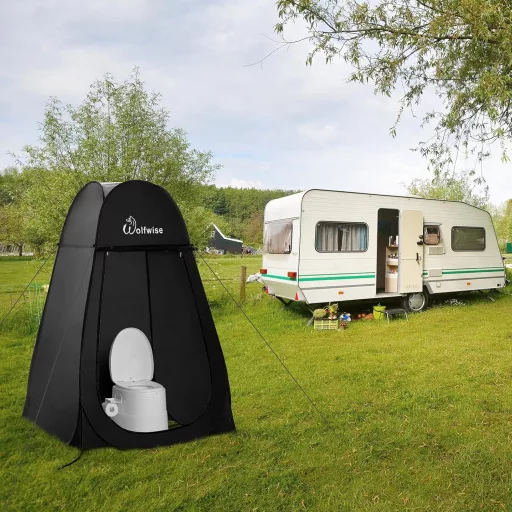 Cort de duș pop-up WolfWise - Cabină portabilă de schimb și toaletă, pentru camping, spațiu privat generos, 4 sezoane, cadru din oțel, poliester